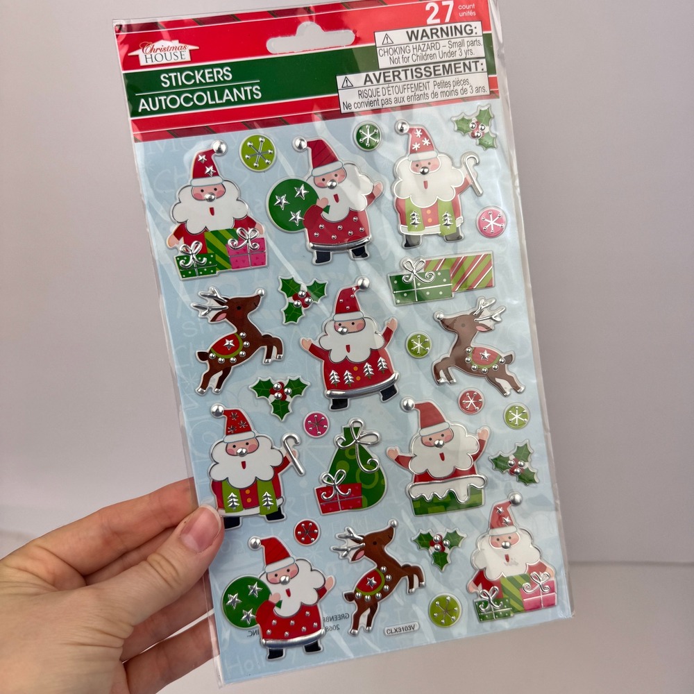 Christmas Holiday Santa Reindeer Holly Metallic Dimensional 27 Count Stickers